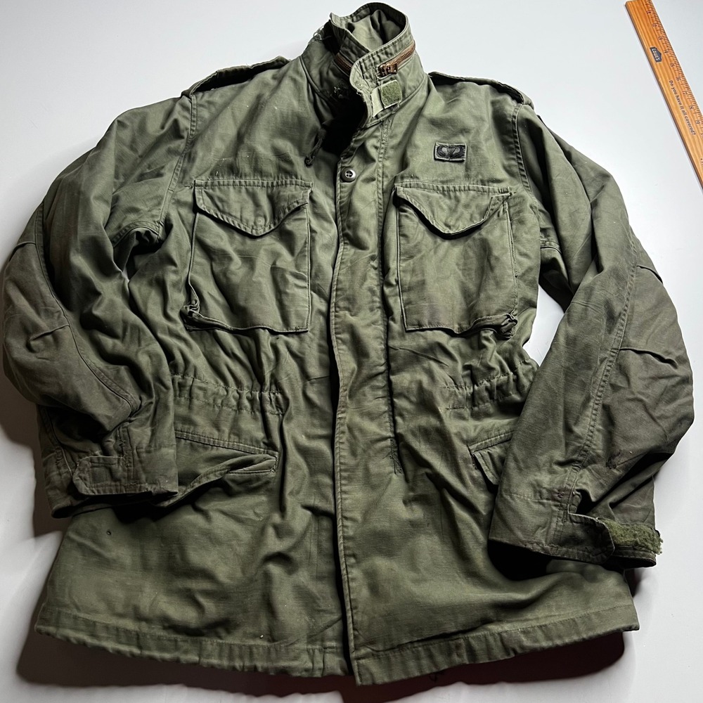 Vintage US Military M-65 Field Jacket Olive Drab Green OG-107 Brass Zip Patches